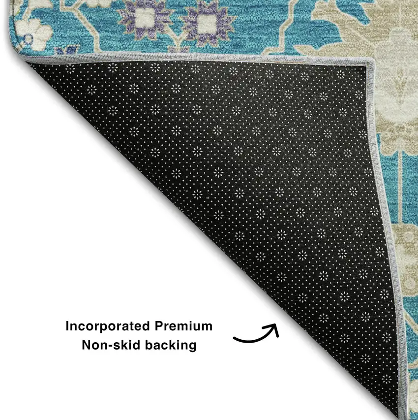 8' Teal Purple And Ivory Oriental Washable Round Rug With UV Protection Photo 4