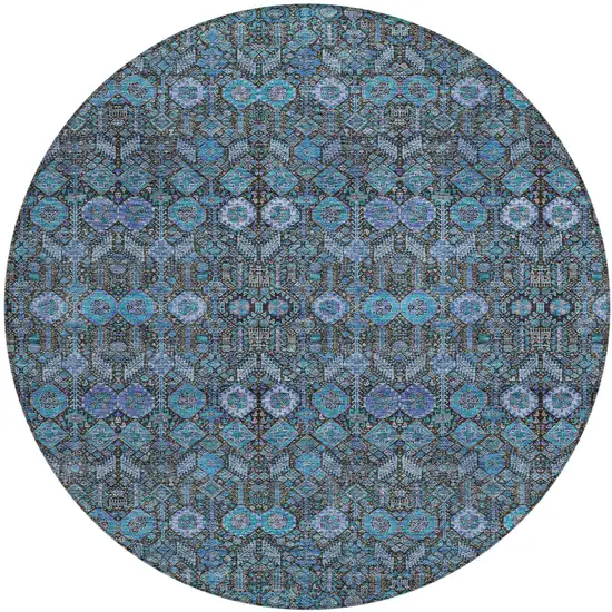 8' Round Teal Round Tribal Washable Indoor Outdoor Area Rug Photo 1