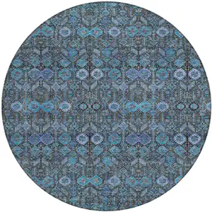 Photo of 8' Teal Round Floral Washable Non Skid Area Rug With UV Protection