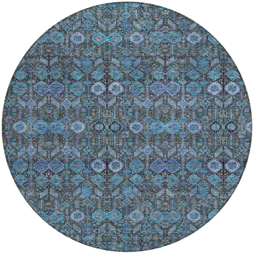 8' Round Teal Round Tribal Washable Indoor Outdoor Area Rug Photo 1