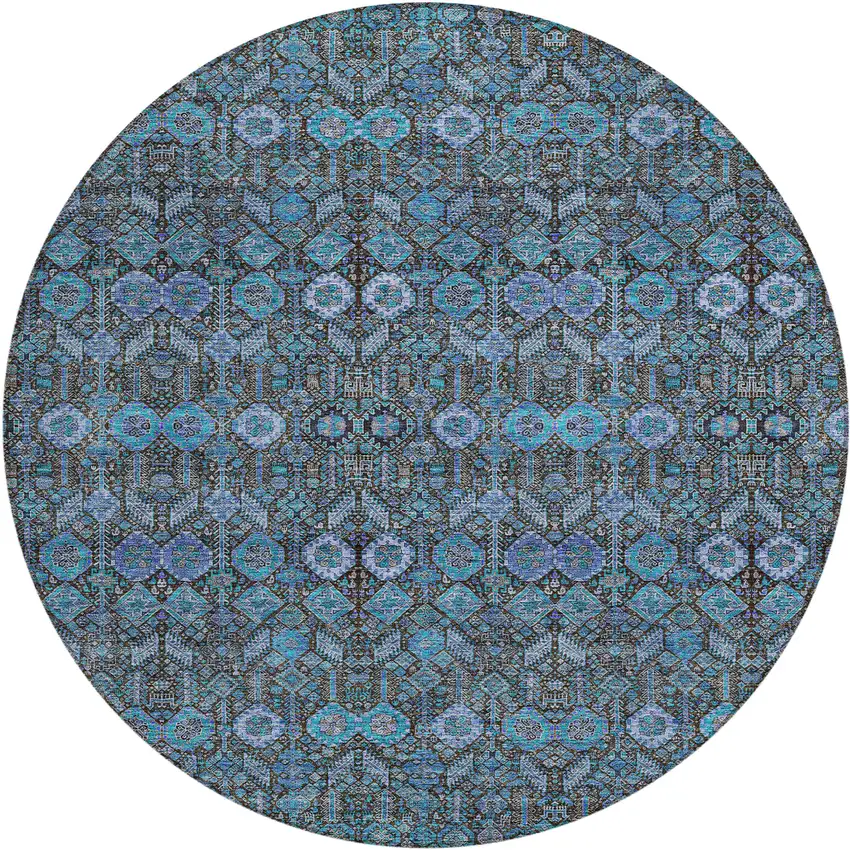 8' Round Teal Round Tribal Washable Indoor Outdoor Area Rug Photo 1