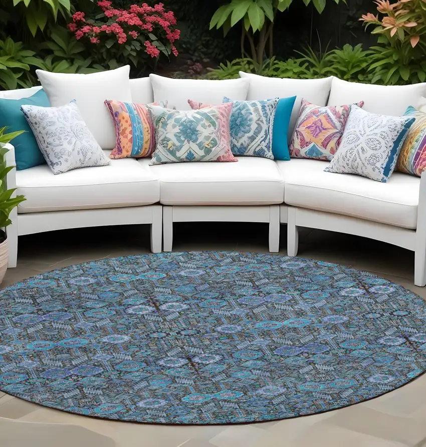 Teal Round Tribal Washable Indoor Outdoor Area Rug Photo 1