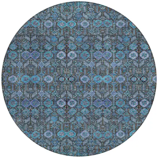 Teal Round Tribal Washable Indoor Outdoor Area Rug Photo 7