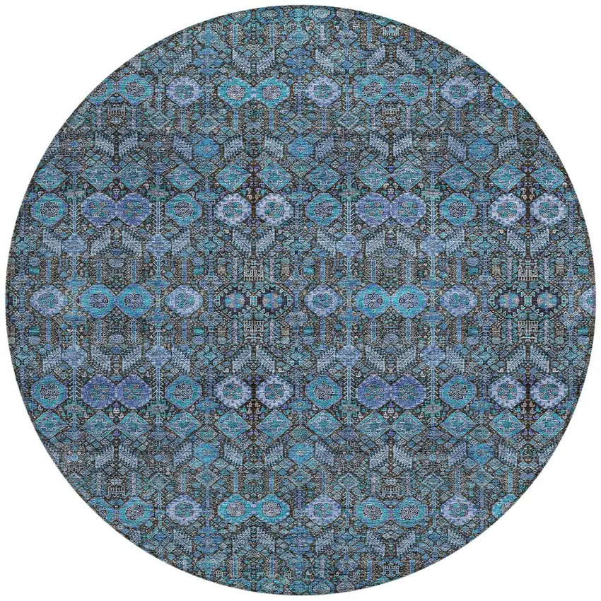 Teal Round Tribal Washable Indoor Outdoor Area Rug Photo 7