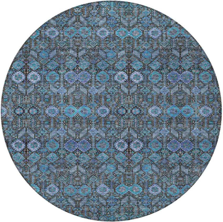 8' Teal Round Floral Washable Non Skid Area Rug With UV Protection Photo 2