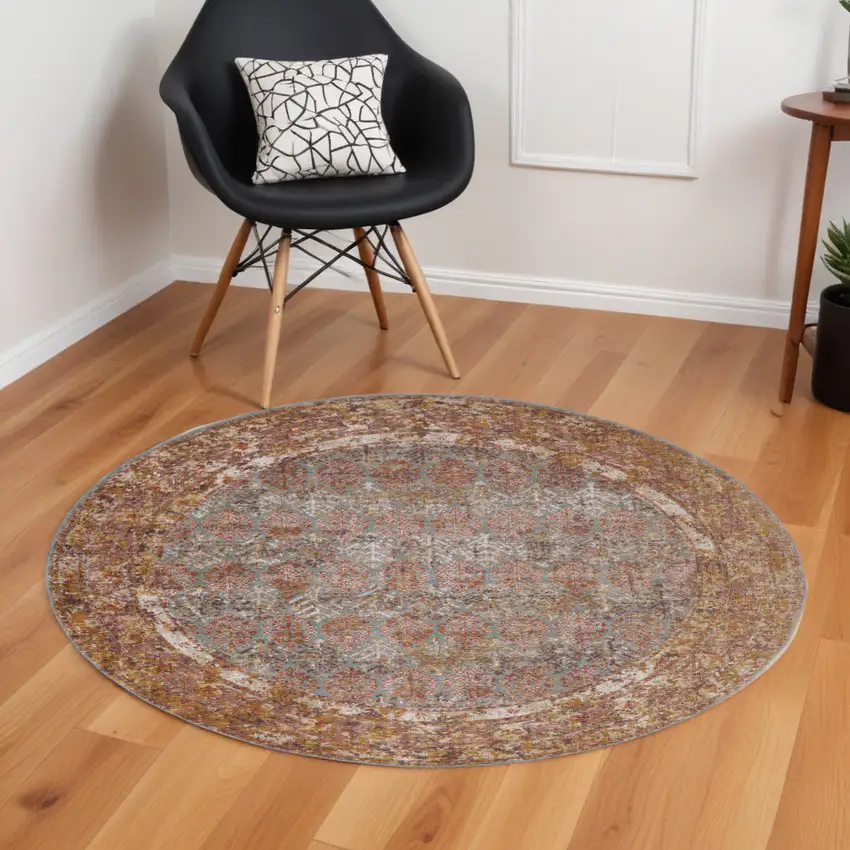 6' Teal and Brown Medallion Power Loom Round Rug Photo 1