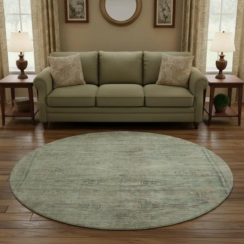 8' Teal Sage And Copper Abstract Geometric Washable Round Rug With UV Protection Photo 2
