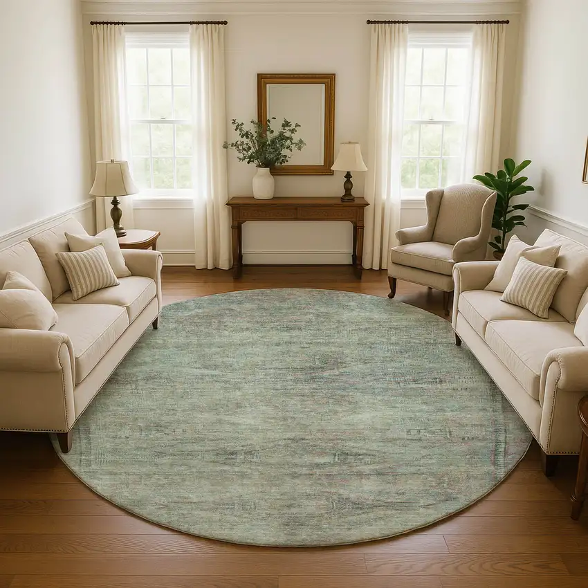 8' Teal Sage And Copper Abstract Geometric Washable Round Rug With UV Protection Photo 4