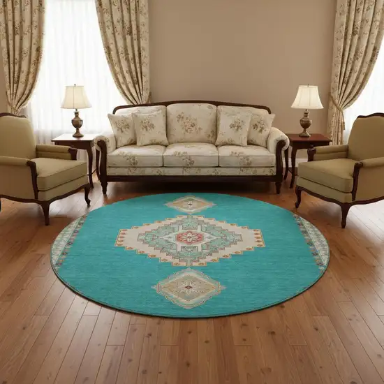 8' Teal Salmon And Beige Oriental Washable Round Rug With UV Protection Photo 2