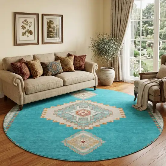 8' Teal Salmon And Beige Oriental Washable Round Rug With UV Protection Photo 1