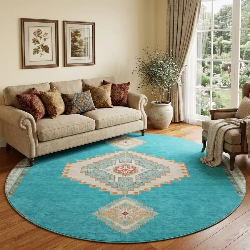 8' Teal Salmon And Beige Oriental Washable Round Rug With UV Protection Photo 1