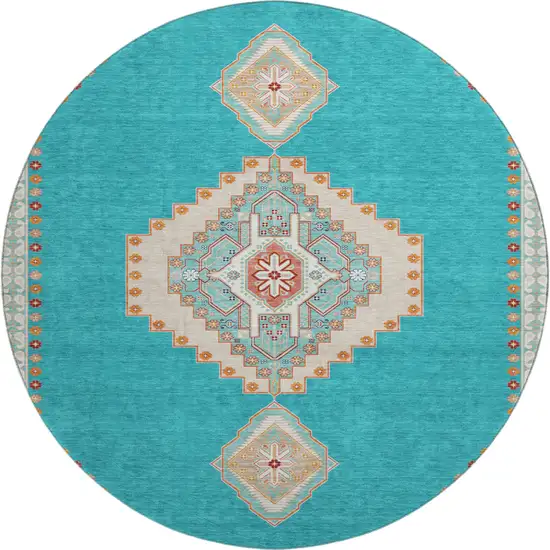 8' Teal Salmon And Beige Oriental Washable Round Rug With UV Protection Photo 1