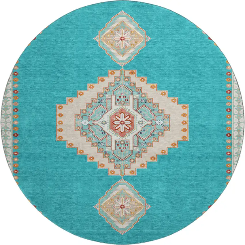 8' Teal Salmon And Beige Oriental Washable Round Rug With UV Protection Photo 1