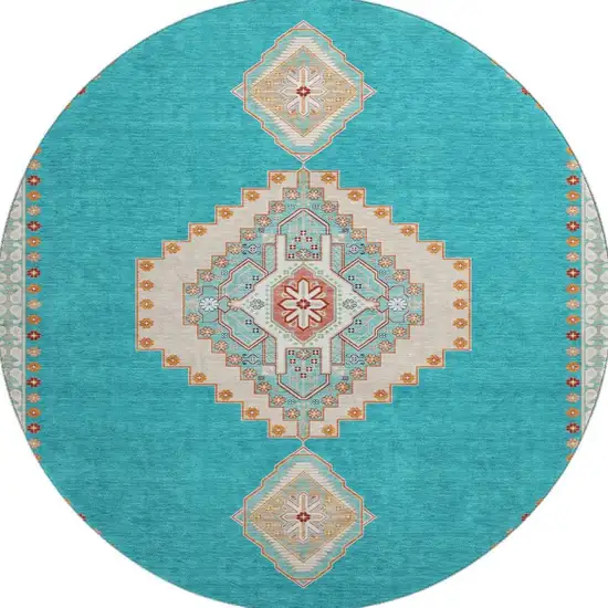 8' Teal Salmon And Beige Oriental Washable Round Rug With UV Protection Photo 3