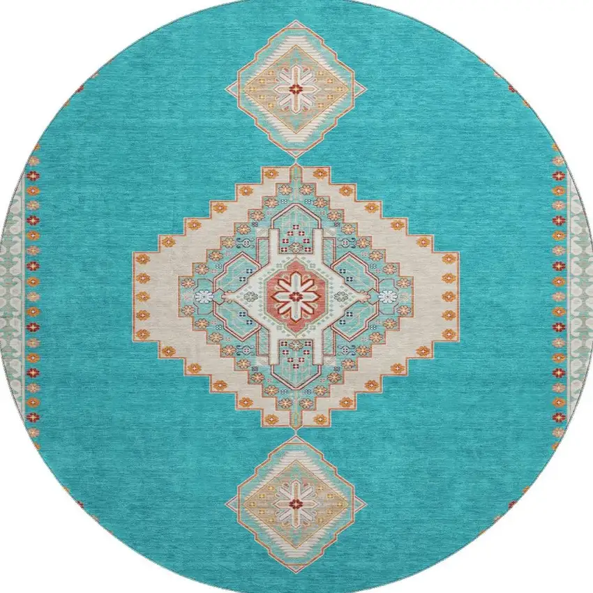 8' Teal Salmon And Beige Oriental Washable Round Rug With UV Protection Photo 3