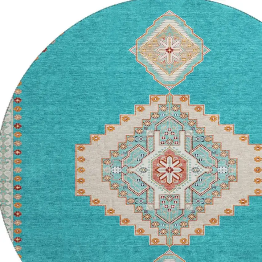 8' Teal Salmon And Beige Oriental Washable Round Rug With UV Protection Photo 2