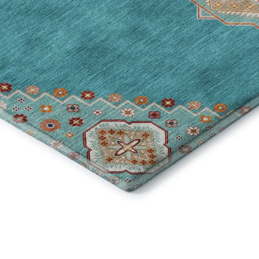 8' Teal Salmon And Beige Oriental Washable Round Rug With UV Protection Photo 6