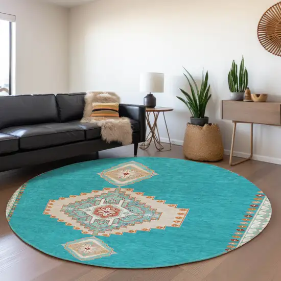 8' Teal Salmon And Beige Oriental Washable Round Rug With UV Protection Photo 4
