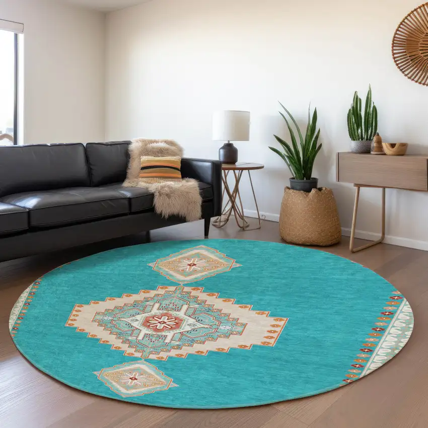 8' Teal Salmon And Beige Oriental Washable Round Rug With UV Protection Photo 4