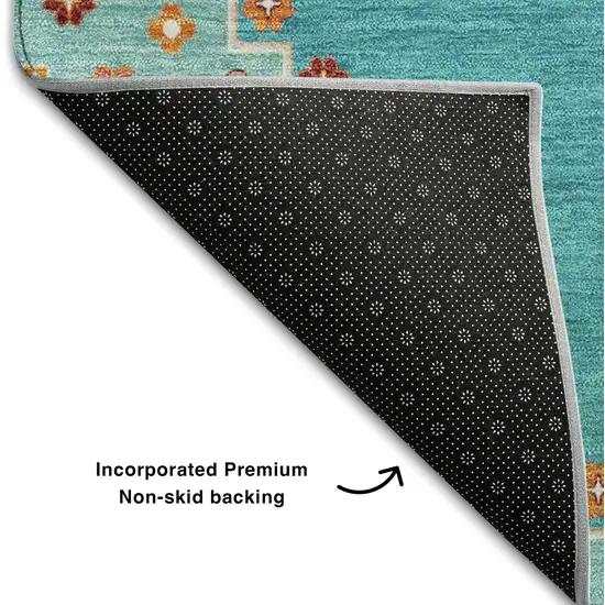 8' Teal Salmon And Beige Oriental Washable Round Rug With UV Protection Photo 5