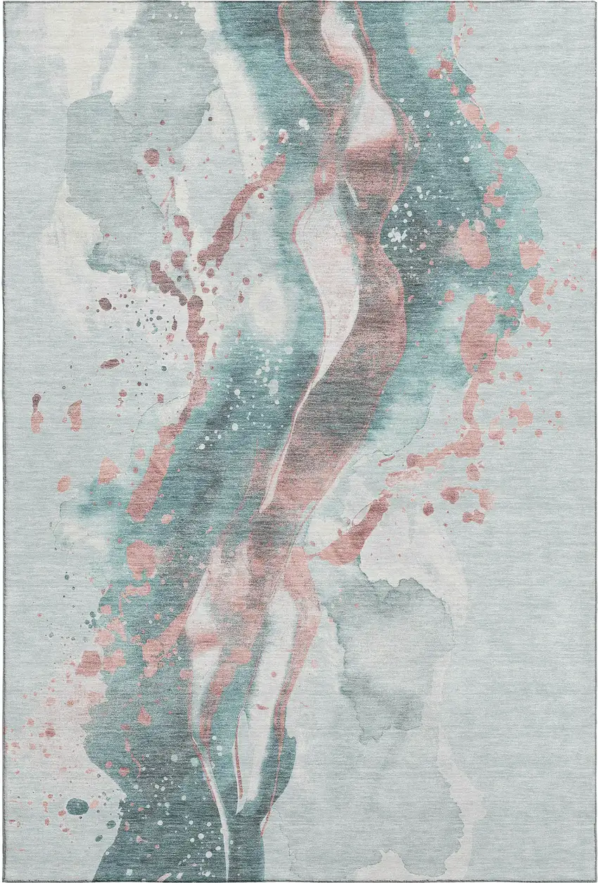 8' Teal Salmon And Ivory Abstract Washable Area Rug With UV Protection Photo 1
