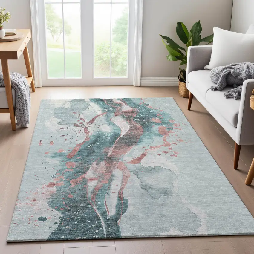 8' Teal Salmon And Ivory Abstract Washable Area Rug With UV Protection Photo 5