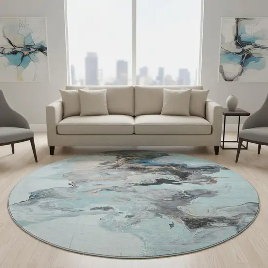 8' Teal Silver And Beige Abstract Washable Round Rug With UV Protection Photo 2