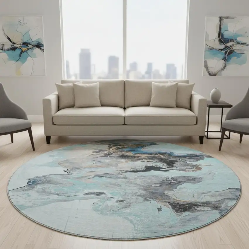 8' Teal Silver And Beige Abstract Washable Round Rug With UV Protection Photo 2
