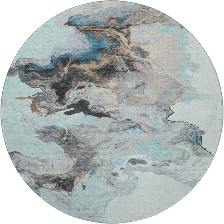 8' Teal Silver And Beige Abstract Washable Round Rug With UV Protection Photo 3