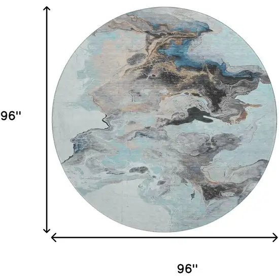 8' Teal Silver And Beige Abstract Washable Round Rug With UV Protection Photo 9