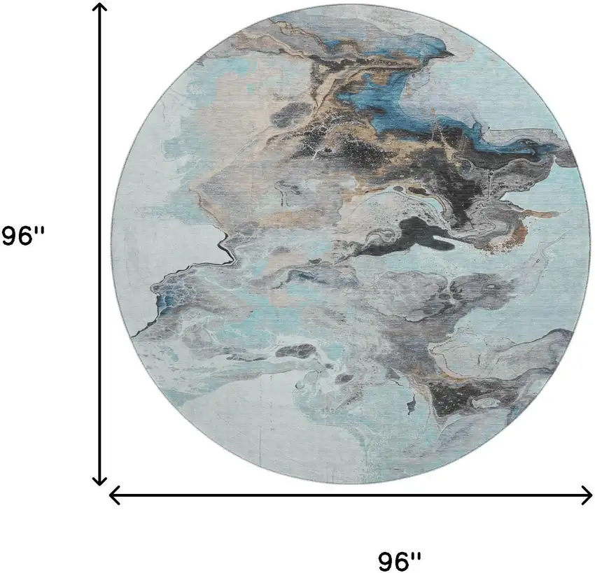 8' Teal Silver And Beige Abstract Washable Round Rug With UV Protection Photo 9