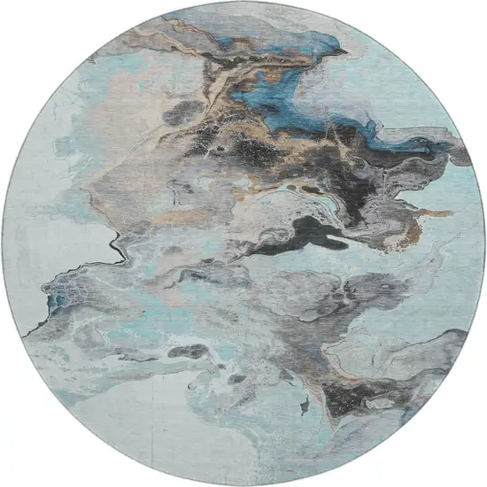 8' Teal Silver And Beige Abstract Washable Round Rug With UV Protection Photo 1
