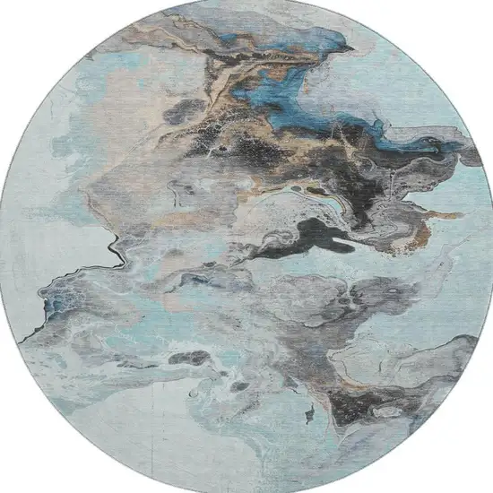 8' Teal Silver And Beige Abstract Washable Round Rug With UV Protection Photo 2