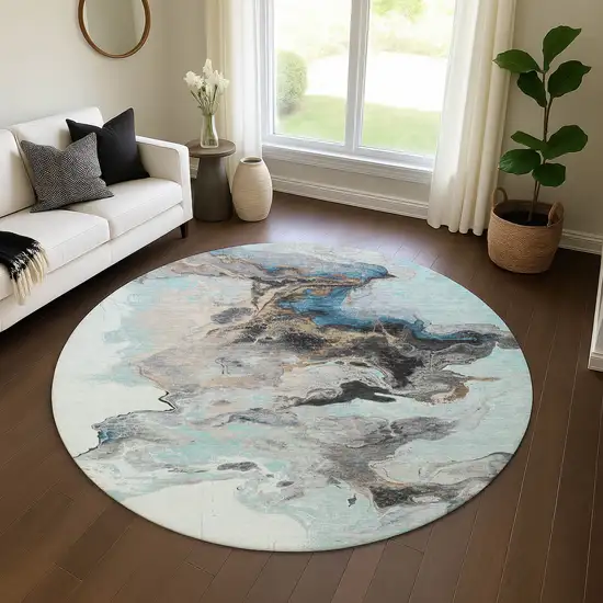 8' Teal Silver And Beige Abstract Washable Round Rug With UV Protection Photo 4