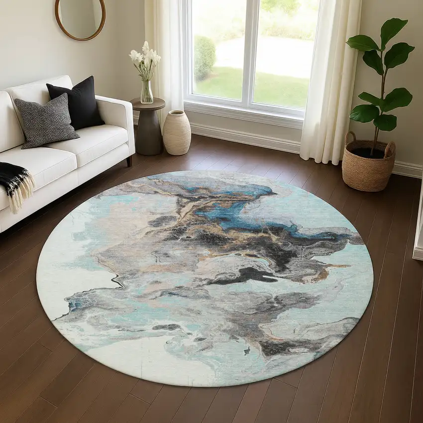 8' Teal Silver And Beige Abstract Washable Round Rug With UV Protection Photo 4