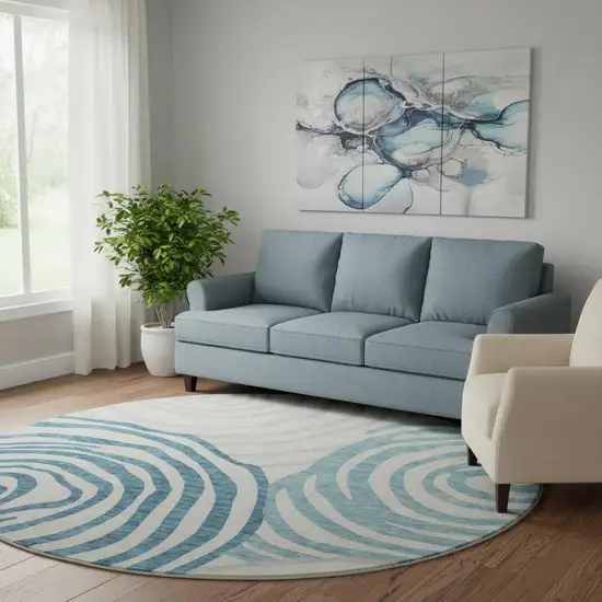 8' Teal Silver And Gray Abstract Washable Round Rug With UV Protection Photo 1