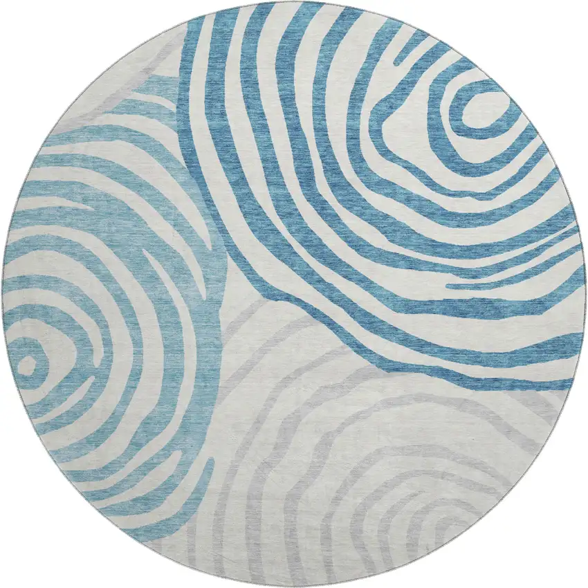 8' Teal Silver And Gray Abstract Washable Round Rug With UV Protection Photo 1