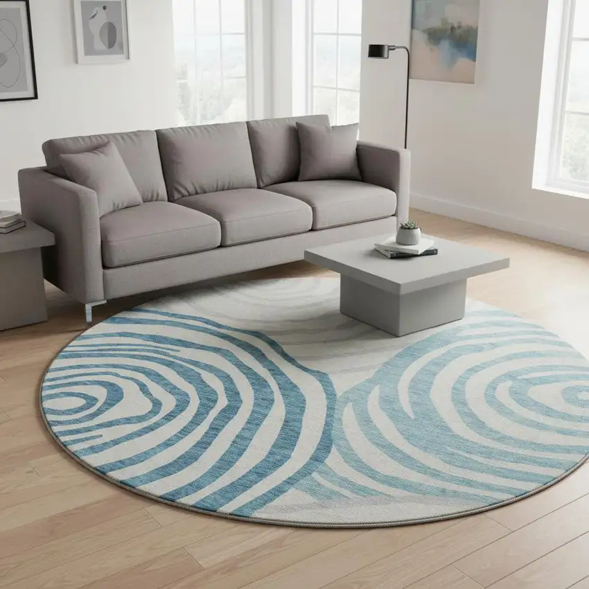 8' Teal Silver And Gray Abstract Washable Round Rug With UV Protection Photo 2