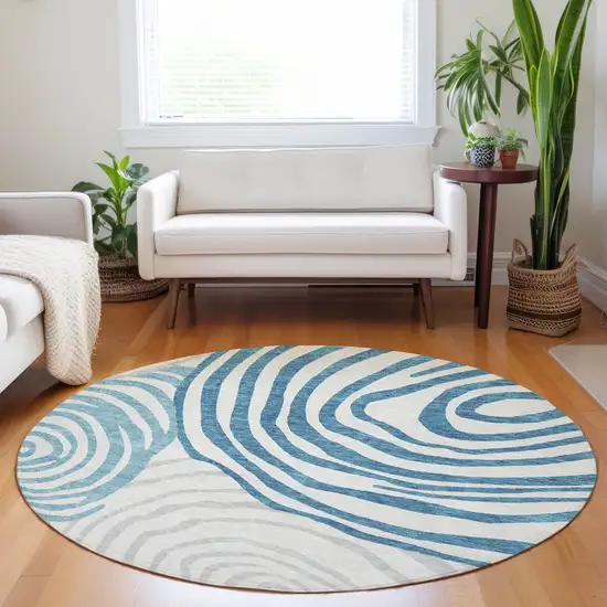 8' Teal Silver And Gray Abstract Washable Round Rug With UV Protection Photo 5