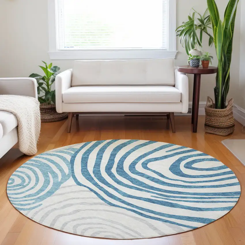 8' Teal Silver And Gray Abstract Washable Round Rug With UV Protection Photo 5