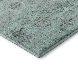 Photo of 8' Teal Silver And Gray Damask Washable Round Rug With UV Protection