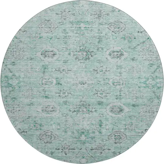 8' Teal Silver And Gray Damask Washable Round Rug With UV Protection Photo 1