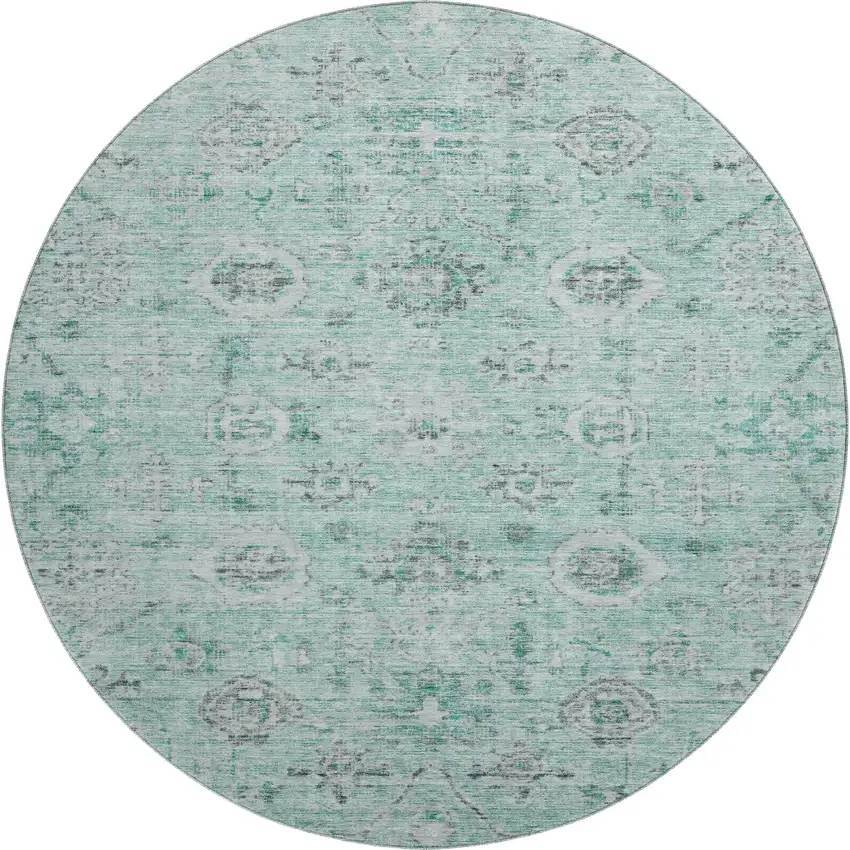 8' Teal Silver And Gray Damask Washable Round Rug With UV Protection Photo 1