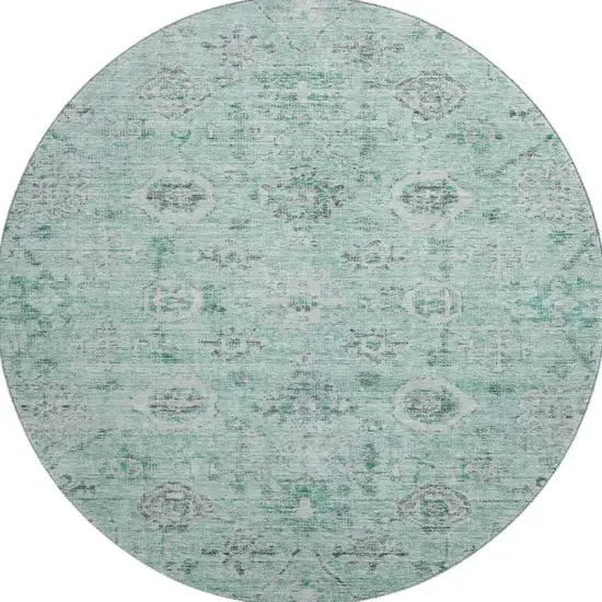 8' Teal Silver And Gray Damask Washable Round Rug With UV Protection Photo 3