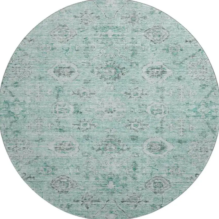 8' Teal Silver And Gray Damask Washable Round Rug With UV Protection Photo 3