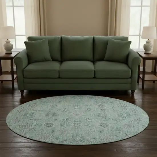 8' Teal Silver And Gray Damask Washable Round Rug With UV Protection Photo 2