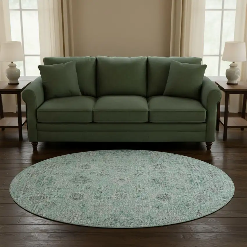 8' Teal Silver And Gray Damask Washable Round Rug With UV Protection Photo 2