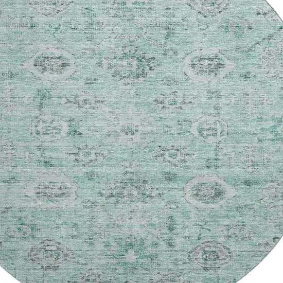 8' Teal Silver And Gray Damask Washable Round Rug With UV Protection Photo 2
