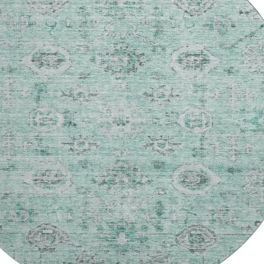 8' Teal Silver And Gray Damask Washable Round Rug With UV Protection Photo 2