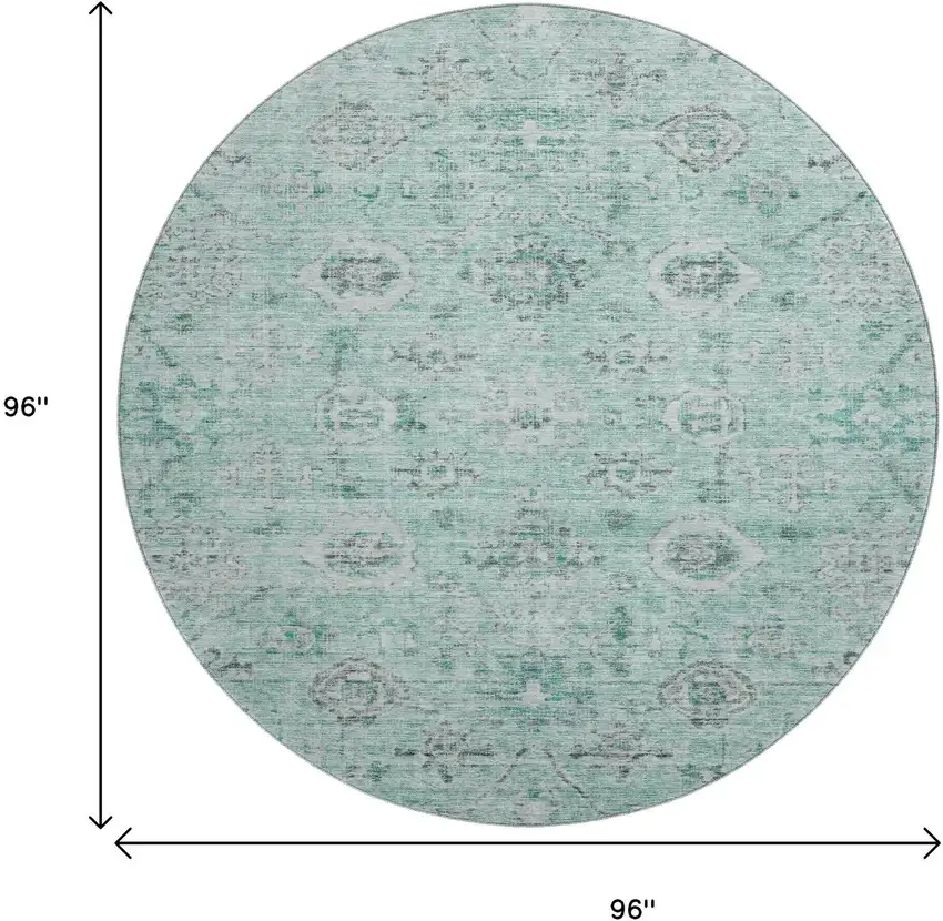 8' Teal Silver And Gray Damask Washable Round Rug With UV Protection Photo 9